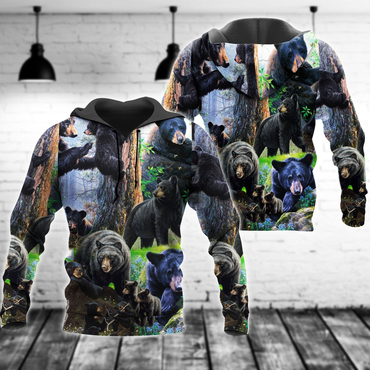 Black Bear Family Spring Hoodie For Animal Enthusiasts Outdoor Activities And Daily Wear