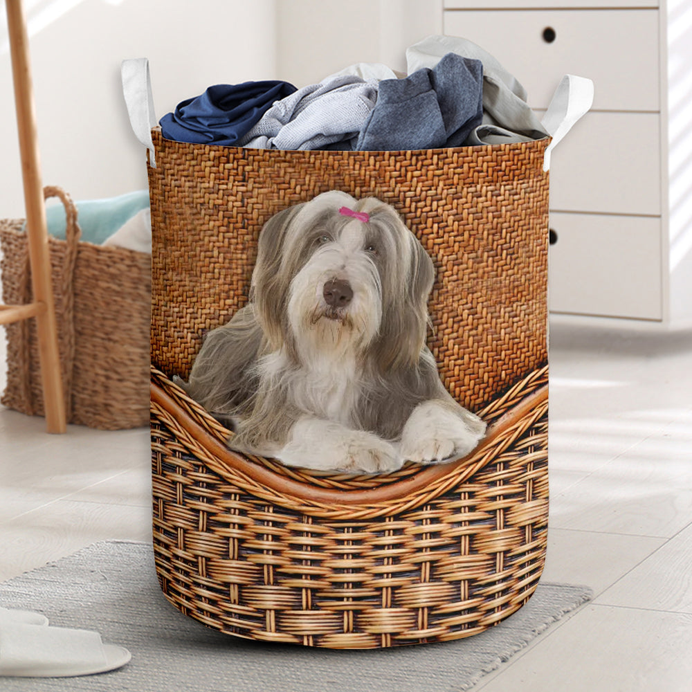 Bearded Collie Dog Rattan Texture Laundry Basket For Room Home Organizer
