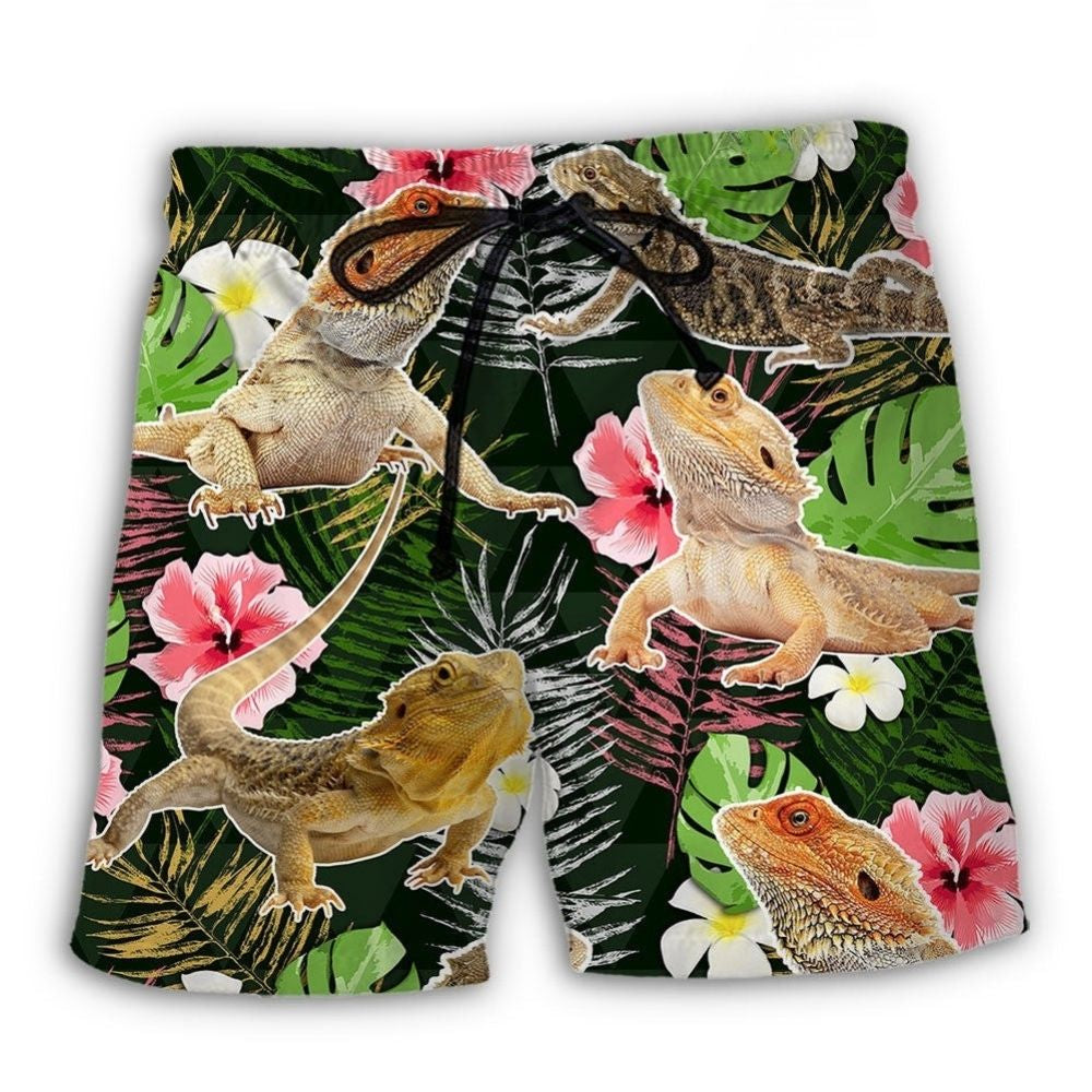 Bearded Dragon Tropical Leaf Lover Beach Shorts Print Detail For Beach Activities And Vacation Wear