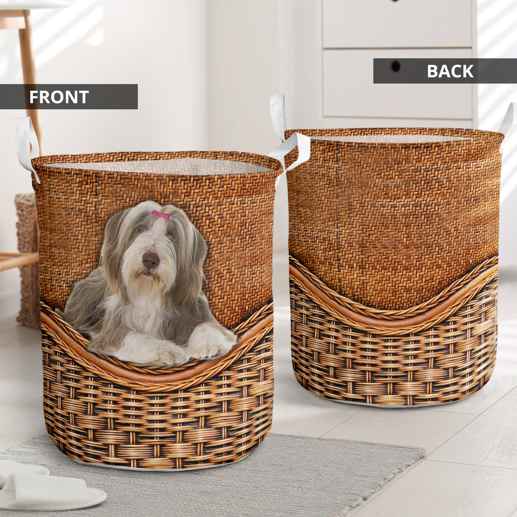 Bearded Collie Dog Rattan Texture Laundry Basket For Nursery Dorm And Home Storage