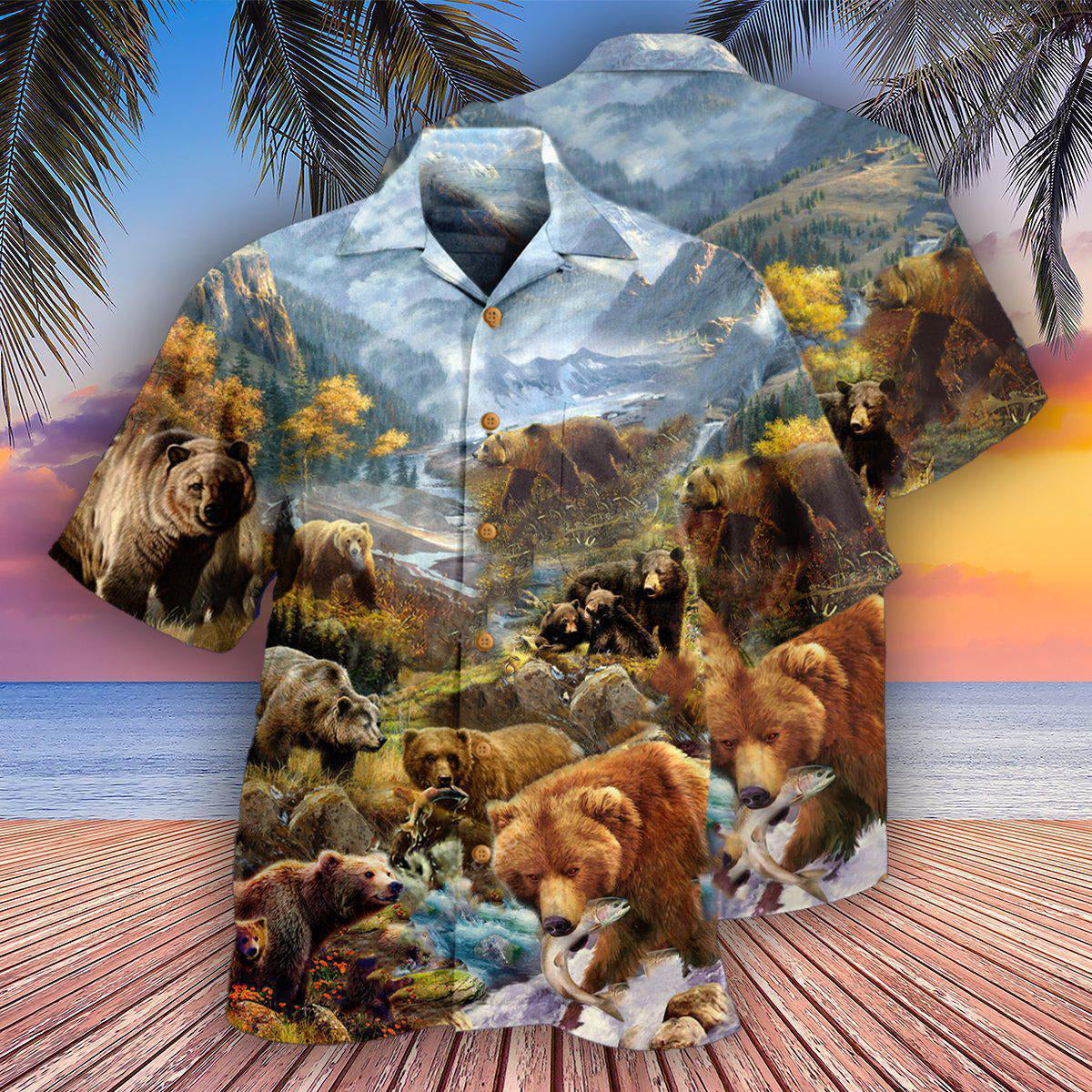 Bear Wild Scenic Hawaiian Shirt Pattern Detail For Vacation Travel And Daily Wear