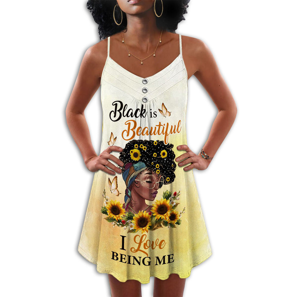 Beautiful Black I Love Being Me V-Neck Sleeveless Cami Dress For Parties And Relaxed Everyday Styling