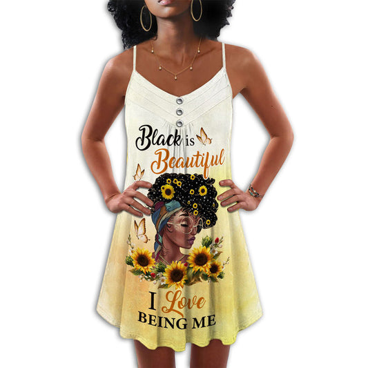 Beautiful Black I Love Being Me V-Neck Sleeveless Cami Dress For Parties And Relaxed Everyday Styling