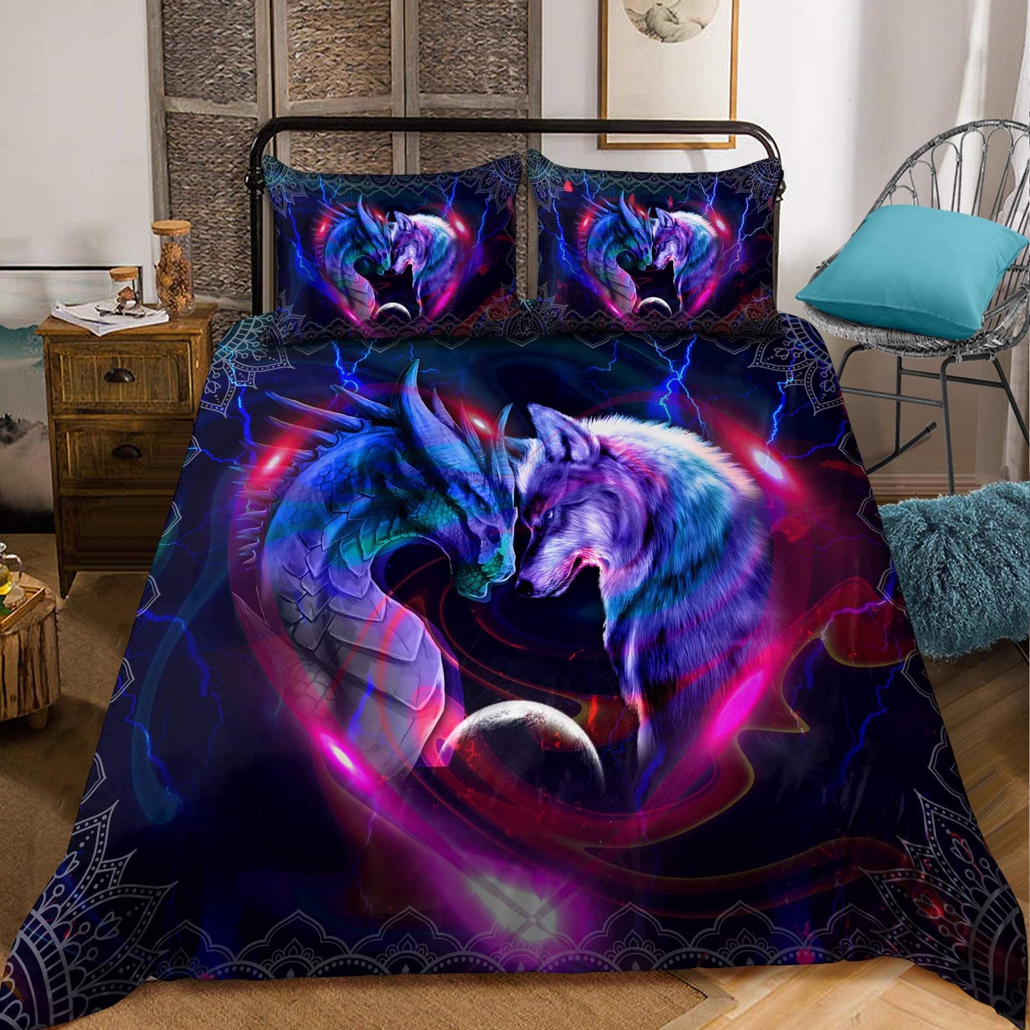 Galaxy Dragon And Wolf Fantasy Bedding Cover For Fantasy Bedroom Decor