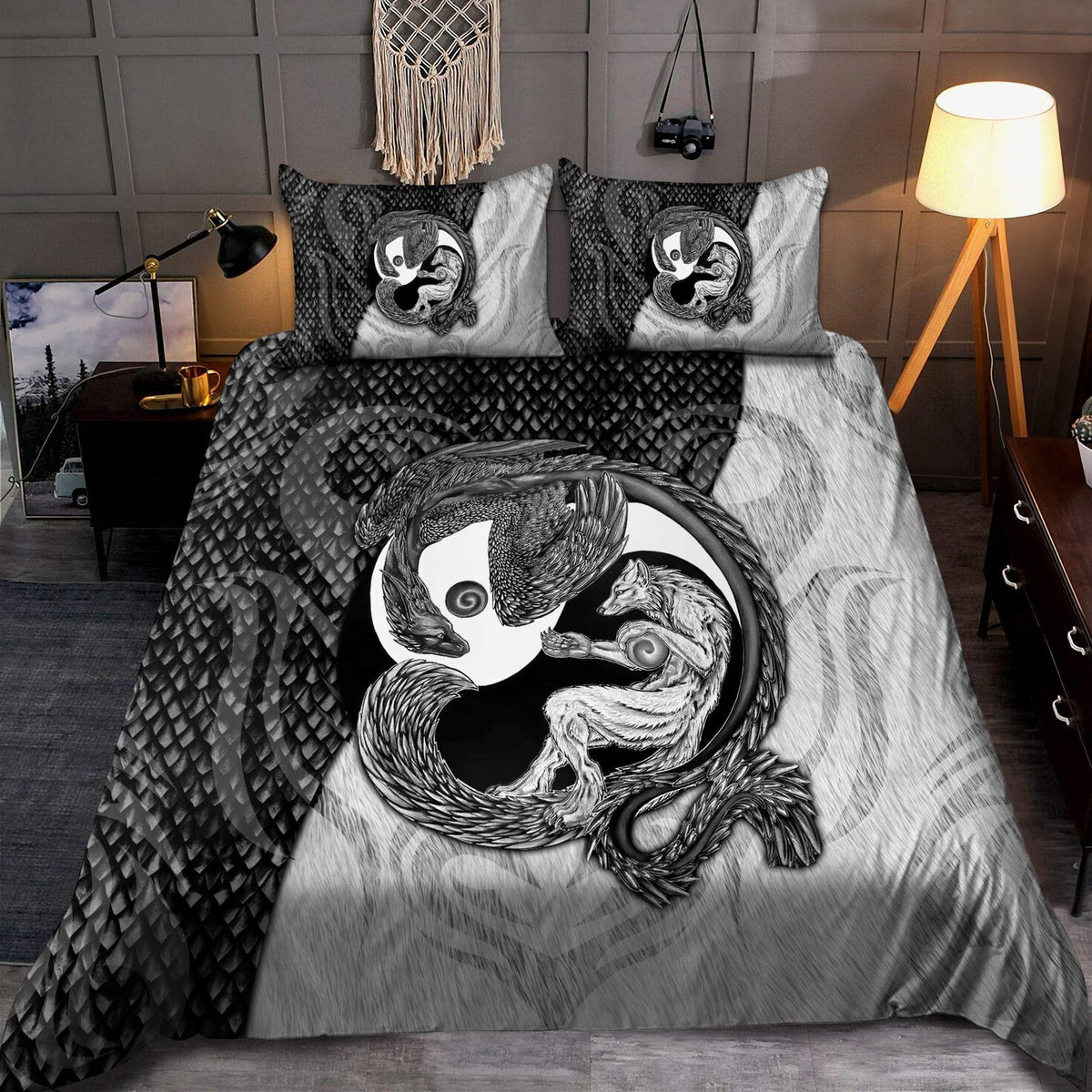 Black And White Dragon And Wolf Fantasy Bedding Cover For Fantasy Bedroom Decor