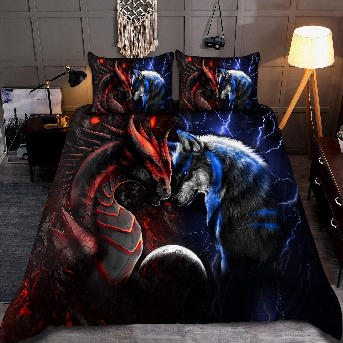 Red And Blue Dragon And Wolf Bedding Cover For Fantasy Bedroom Decor
