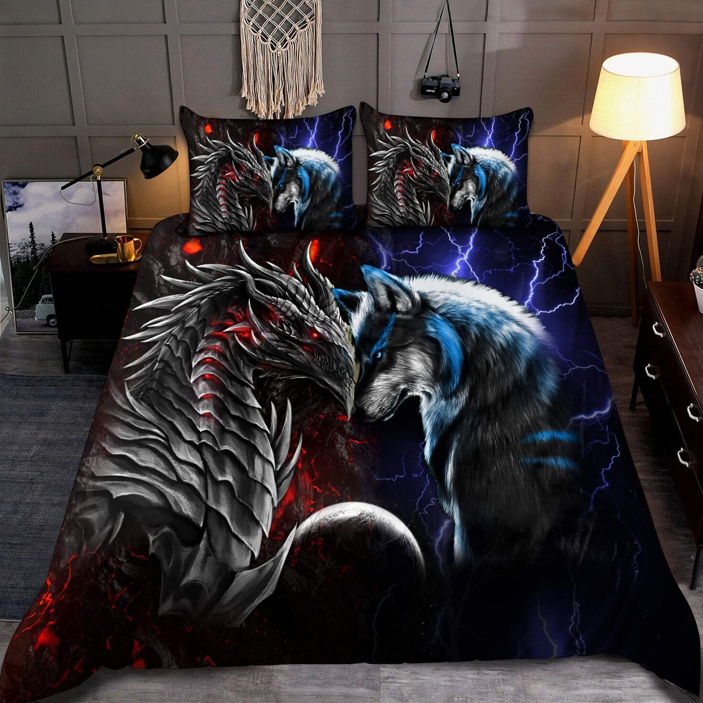 Red And Blue Dragon And Wolf Fantasy Bedding Cover For Fantasy Bedroom Decor