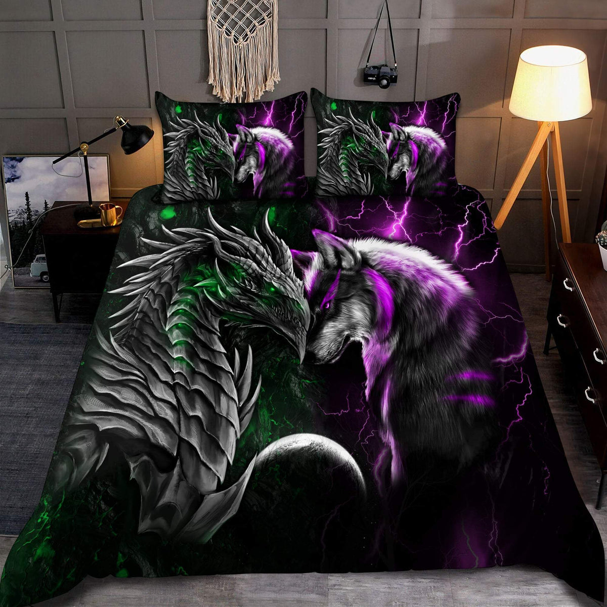 Green And Purple Dragon And Wolf Fantasy Bedding Cover For Fantasy Bedroom Decor