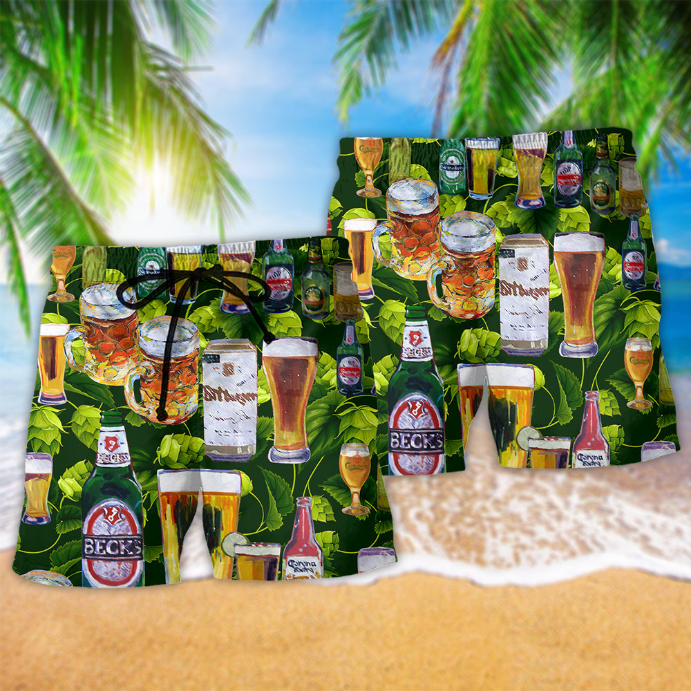 Beer Love It Green Leaves Hawaiian Print Beach Shorts For Weekend Getaways And Comfort