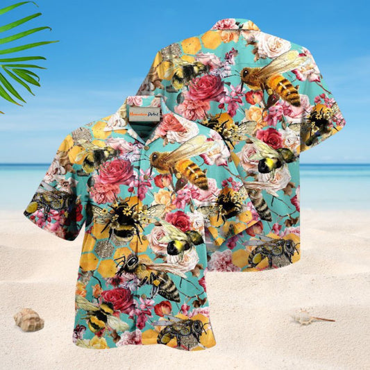 Bees And Gorgeous Roses Hawaiian Shirt For Resort Travel Summer Events And Thoughtful Casual Gifting