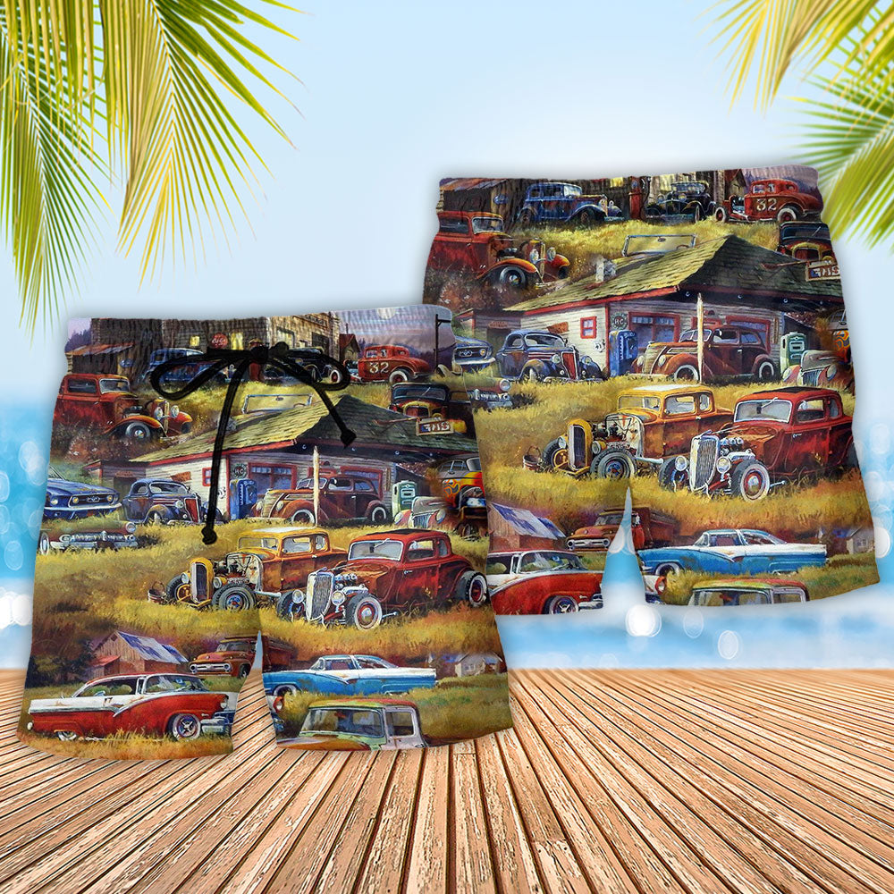 Classic Car Vintage Passion Beach Shorts Pattern Detail For Sunny Outdoor Activities