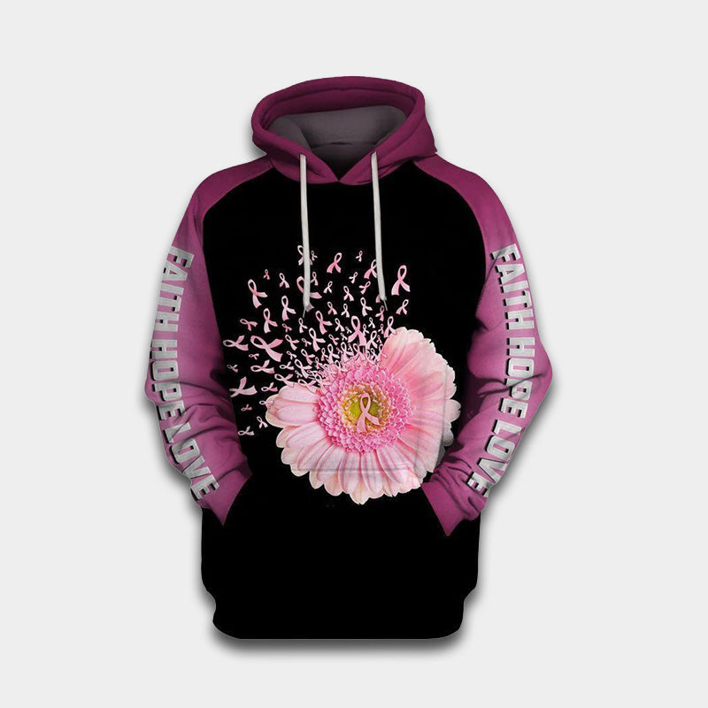 Pink Believe Ribbon Flower Hoodie For Awareness Campaigns Comfortable Wear And Supportive Gifting