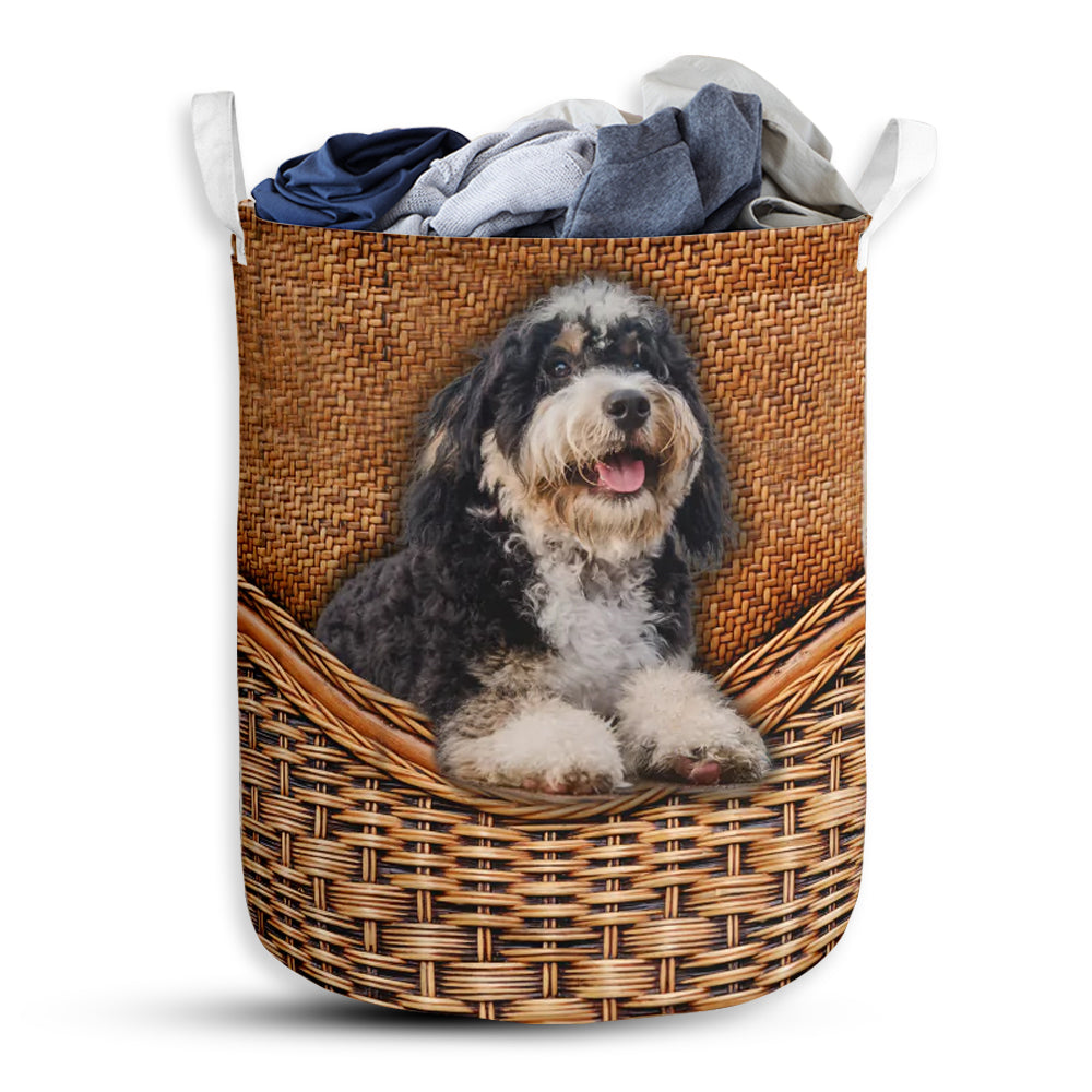 Small Size Bernedoodle Dog Rattan Texture Laundry Basket For Bathroom Bedroom Storage