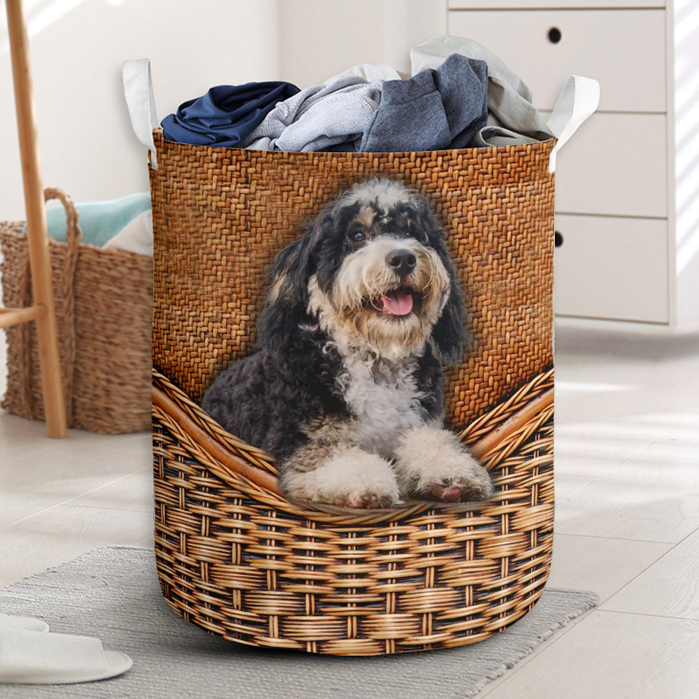 Bernedoodle Dog Rattan Texture Laundry Basket For Room Home Organizer
