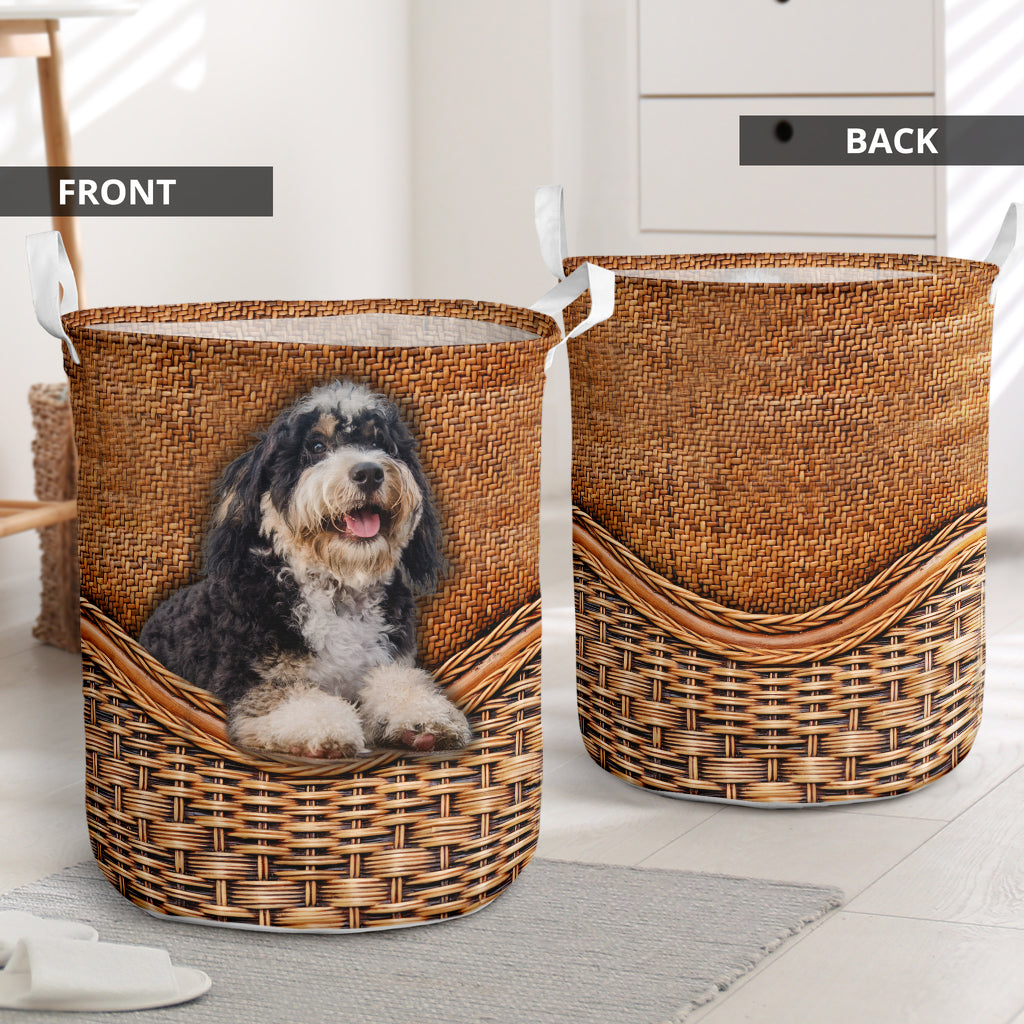Bernedoodle Dog Rattan Texture Laundry Basket For Nursery Dorm And Home Storage
