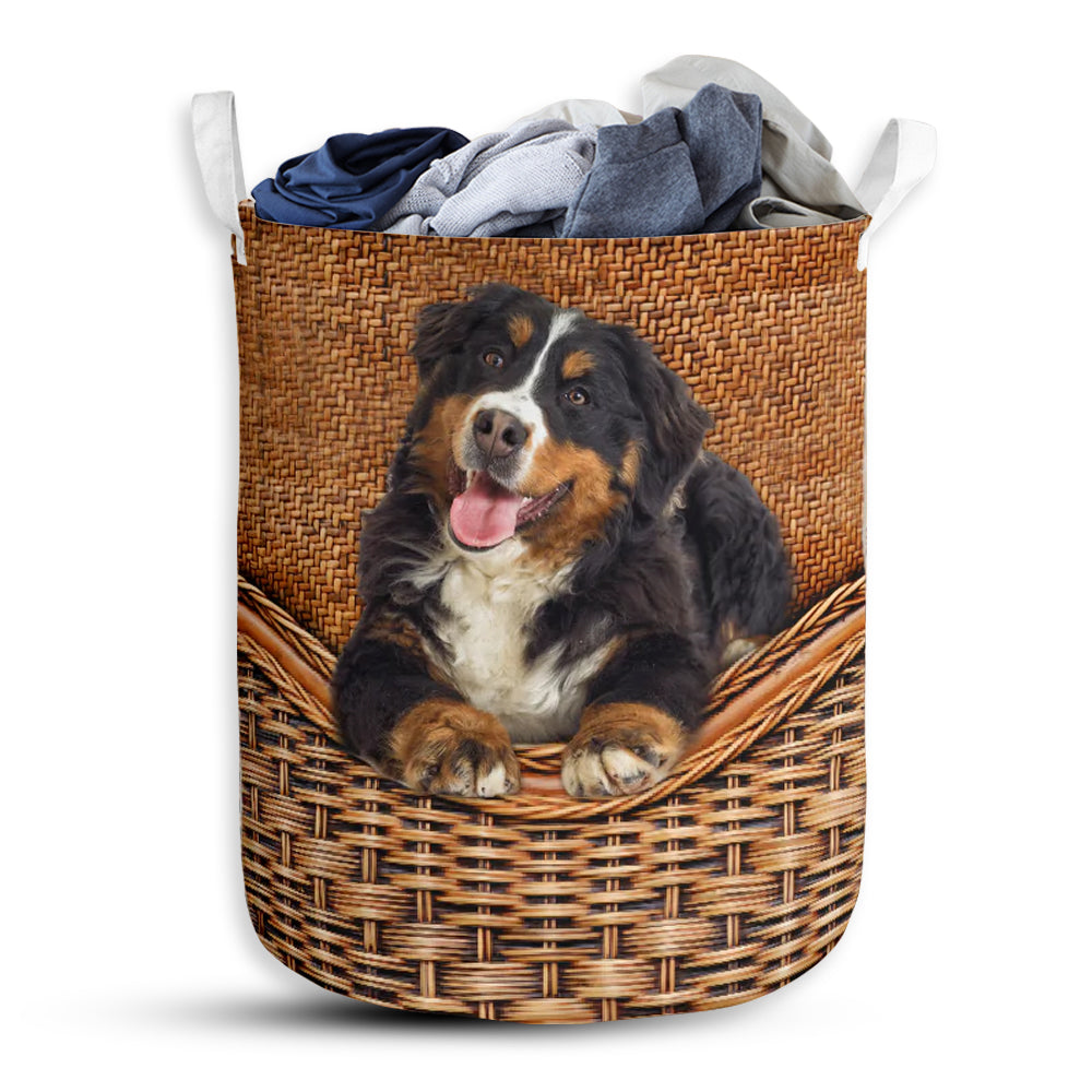 Small Size Bernese Mountain Dog Rattan Texture Laundry Basket For Bathroom Bedroom Storage