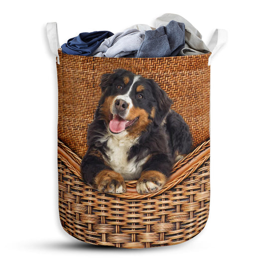 Small Size Bernese Mountain Dog Rattan Texture Laundry Basket For Bathroom Bedroom Storage