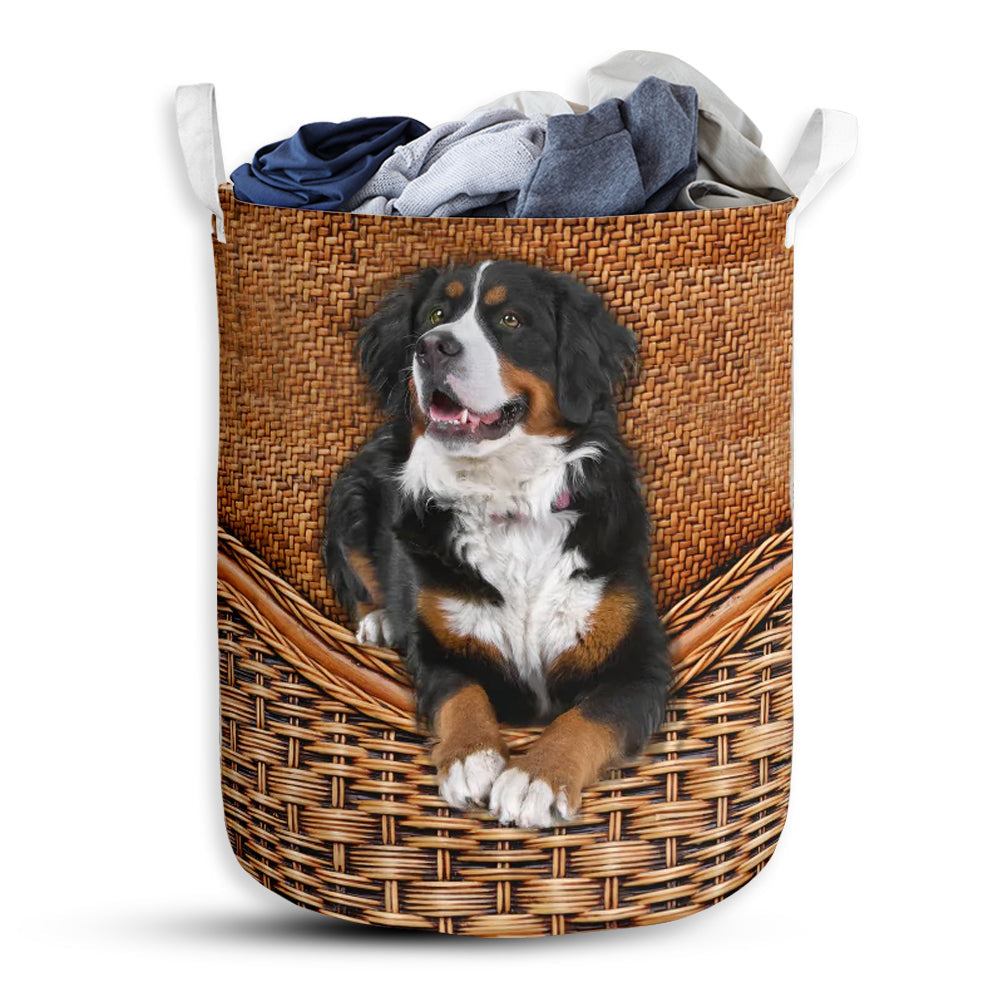 Small Size Bernese Mountain Dog Rattan Reaxture Lover Laundry Basket For Bathroom Bedroom Storage