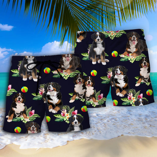 Bernese Mountain Dog Tropical Floral Beach Shorts Design View For Comfortable Resort And Beach Styling