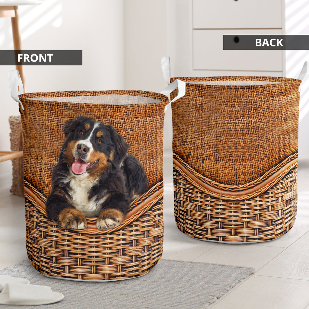 Bernese Mountain Dog Rattan Texture Laundry Basket For Nursery Dorm And Home Storage