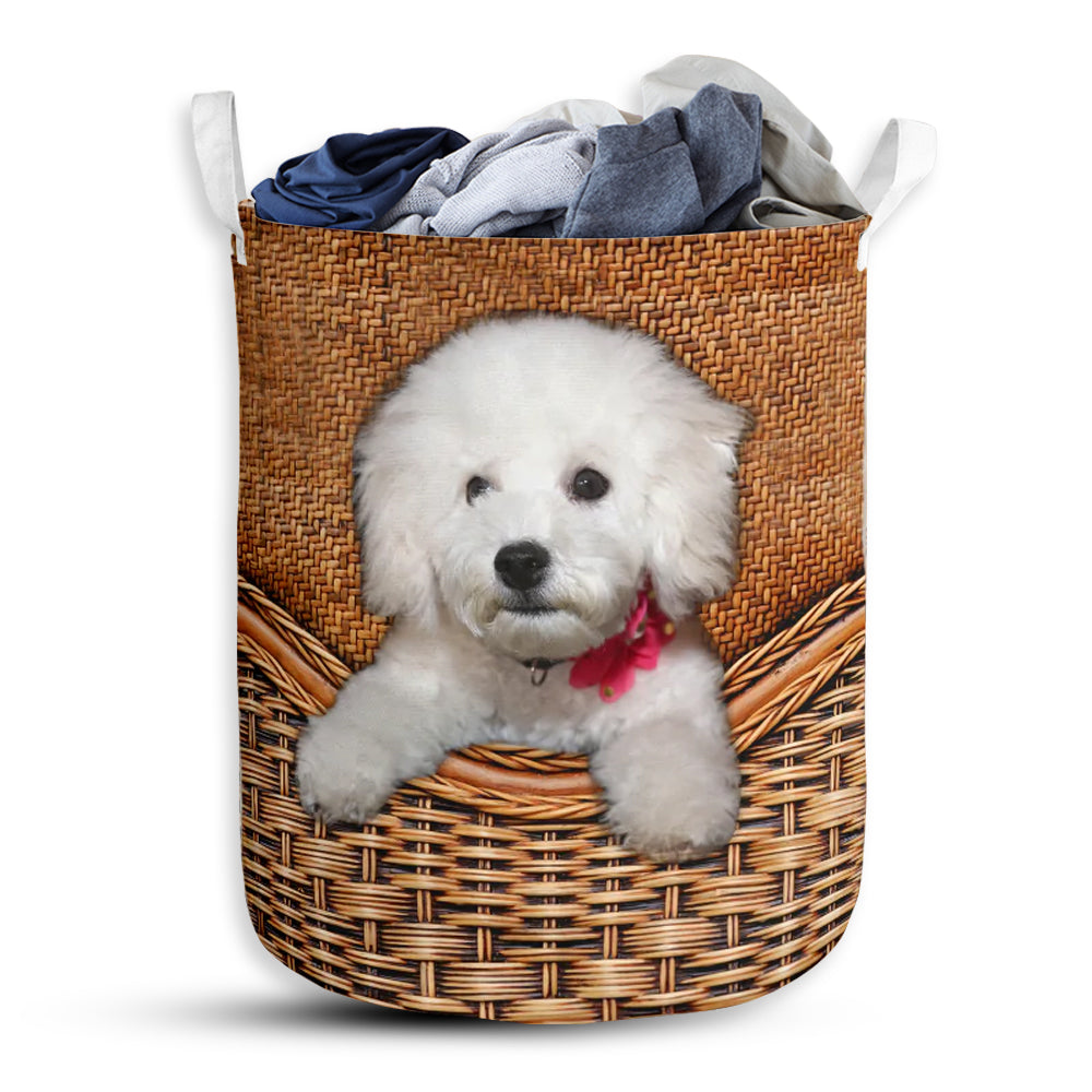 Small Size Bichon Frise Dog Rattan Texture Laundry Basket For Bathroom Bedroom Storage