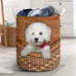 Bichon Frise Dog Rattan Texture Laundry Basket For Room Home Organizer