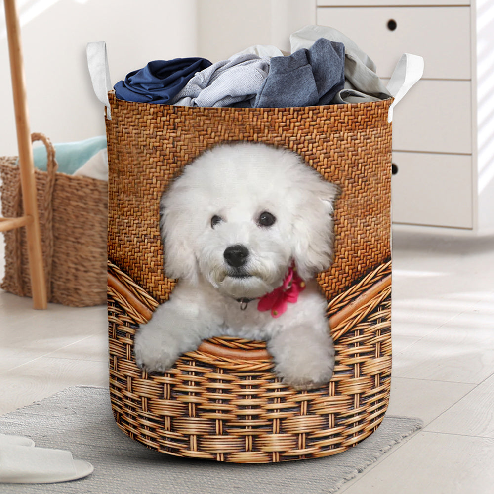 Bichon Frise Dog Rattan Texture Laundry Basket For Room Home Organizer