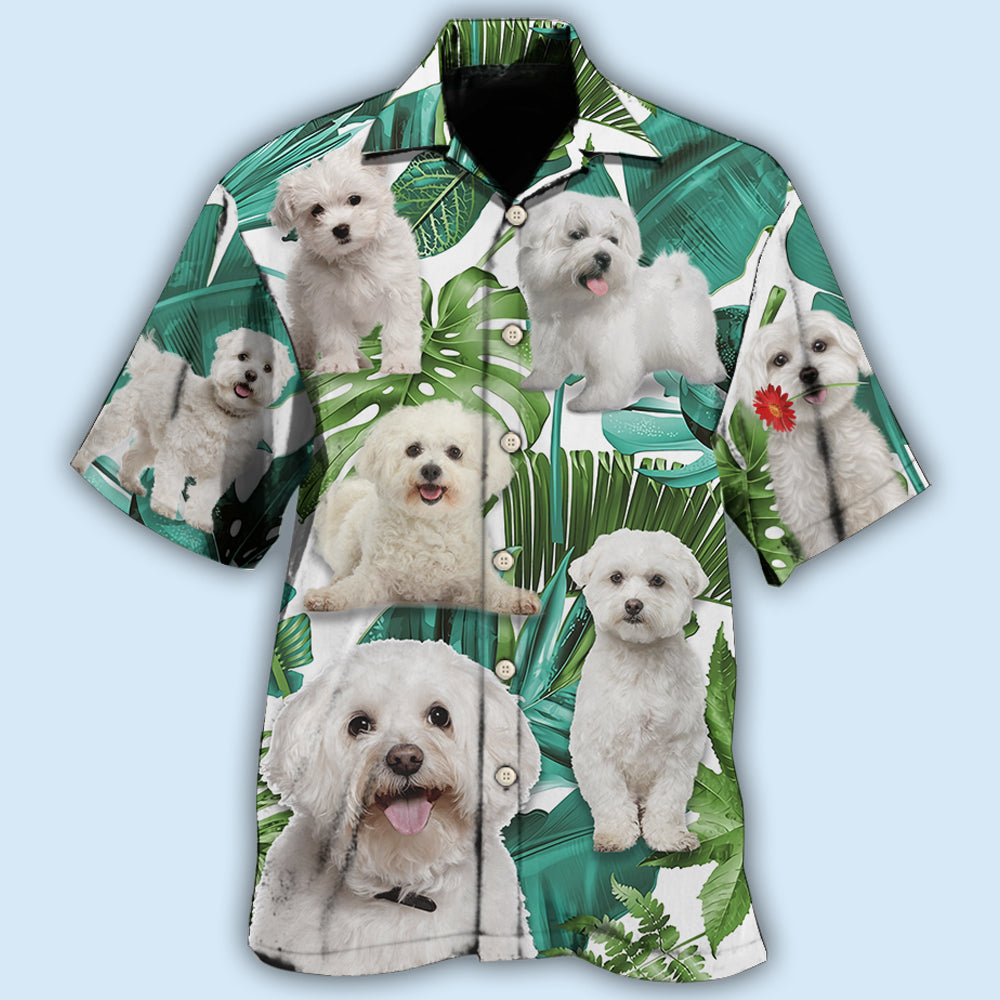 Tropical Dog Bichon Frise Leaf Hawaiian Shirt Artwork Detail For Resort Trips And Outdoor Activities
