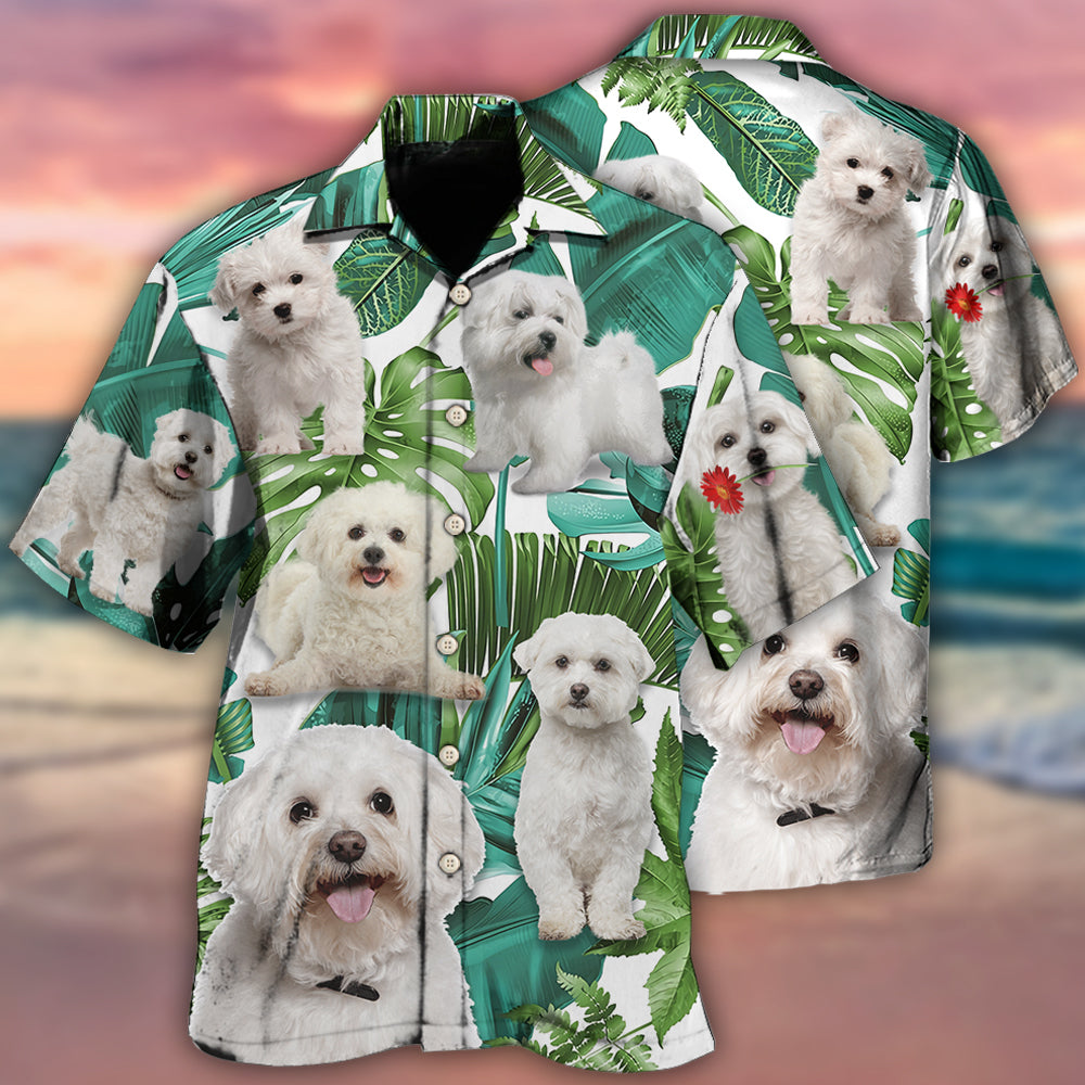 Tropical Dog Bichon Frise Leaf Hawaiian Shirt Pattern View For Relaxed Warm Weather Outfits