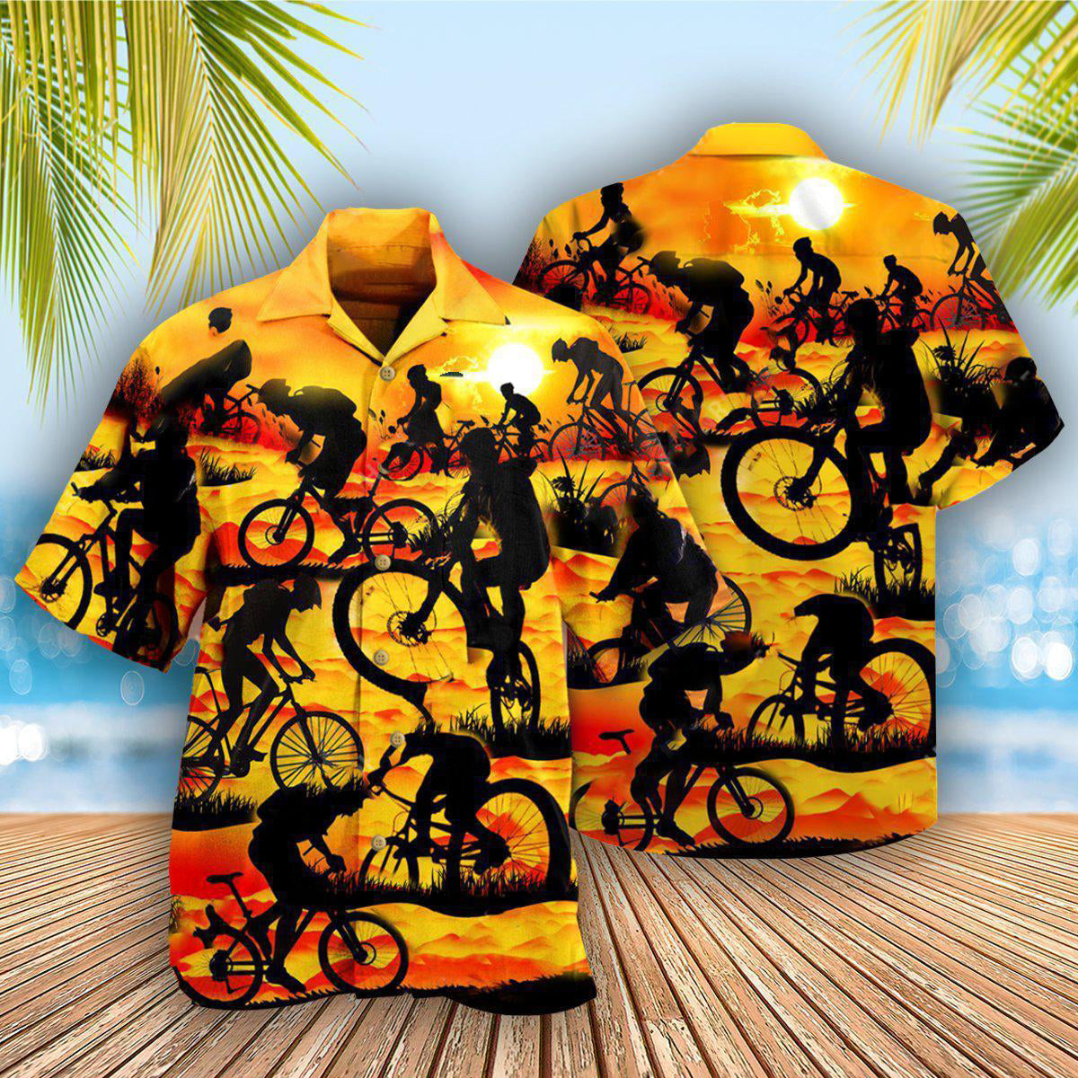 Sunset Bicycle Hawaiian Shirt With Detailed Graphic For Island Trips Summer Gatherings And Comfortable Daily Wear