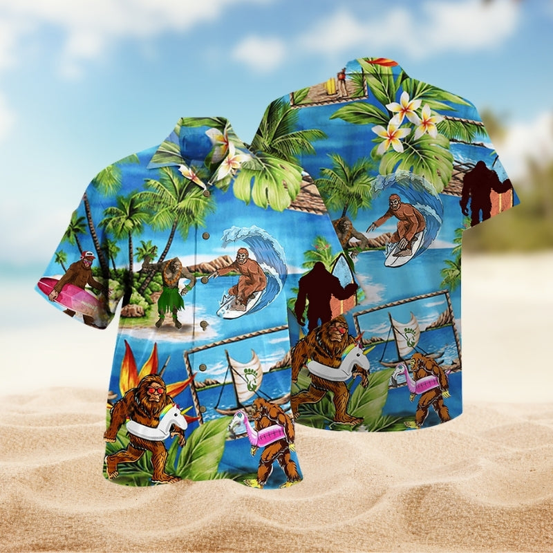 Bigfoot Creative Pattern Hawaiian Shirt For Tropical Holidays, Outdoor Gatherings, And Everyday Comfort