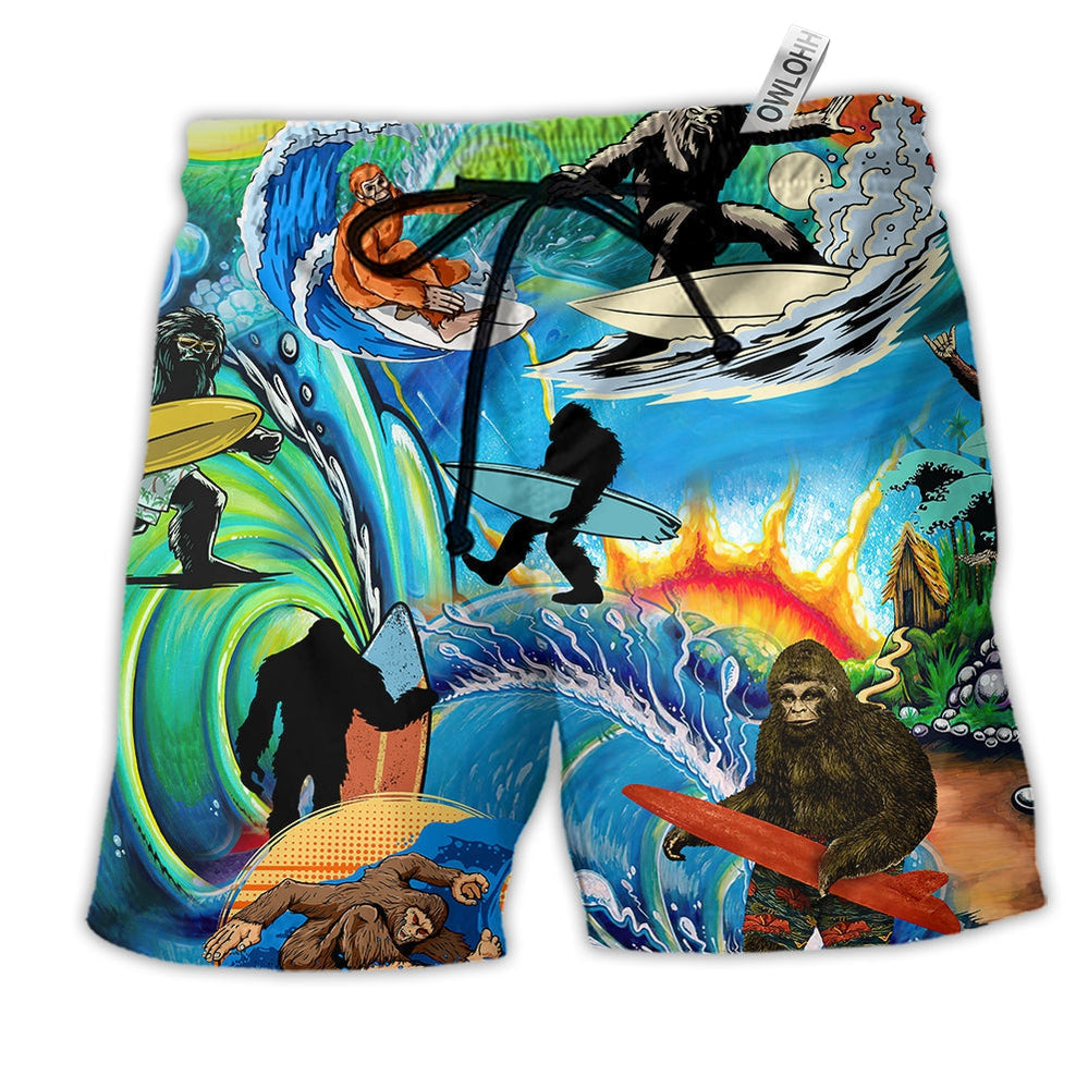 Bigfoot Cool Surfing Style Hawaiian Print Beach Shorts For Vacation Travel And Relaxed Outdoor Comfort