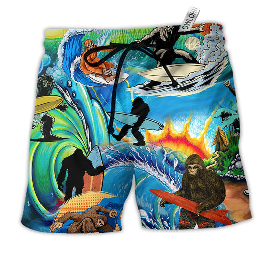 Bigfoot Cool Surfing Style Hawaiian Print Beach Shorts For Vacation Travel And Relaxed Outdoor Comfort