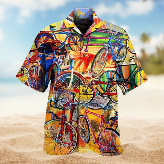 Bike Creative Pattern Hawaiian Shirt For Island Vacations, Resort Wear, And Relaxed Seasonal Style