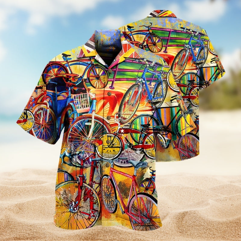 Bike Creative Pattern Hawaiian Shirt For Island Vacations, Resort Wear, And Relaxed Seasonal Style