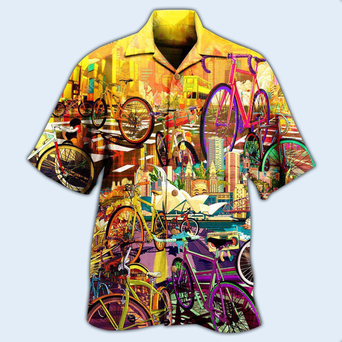 Bicycle Anywhere Hawaiian Shirt Design View For Casual Summer Styling