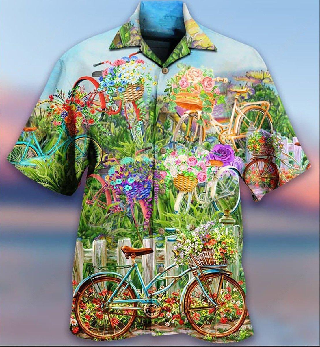 Floral Bicycle Hawaiian Shirt With All Over Print For Coastal Vacations Warm Weather Events And Daily Style
