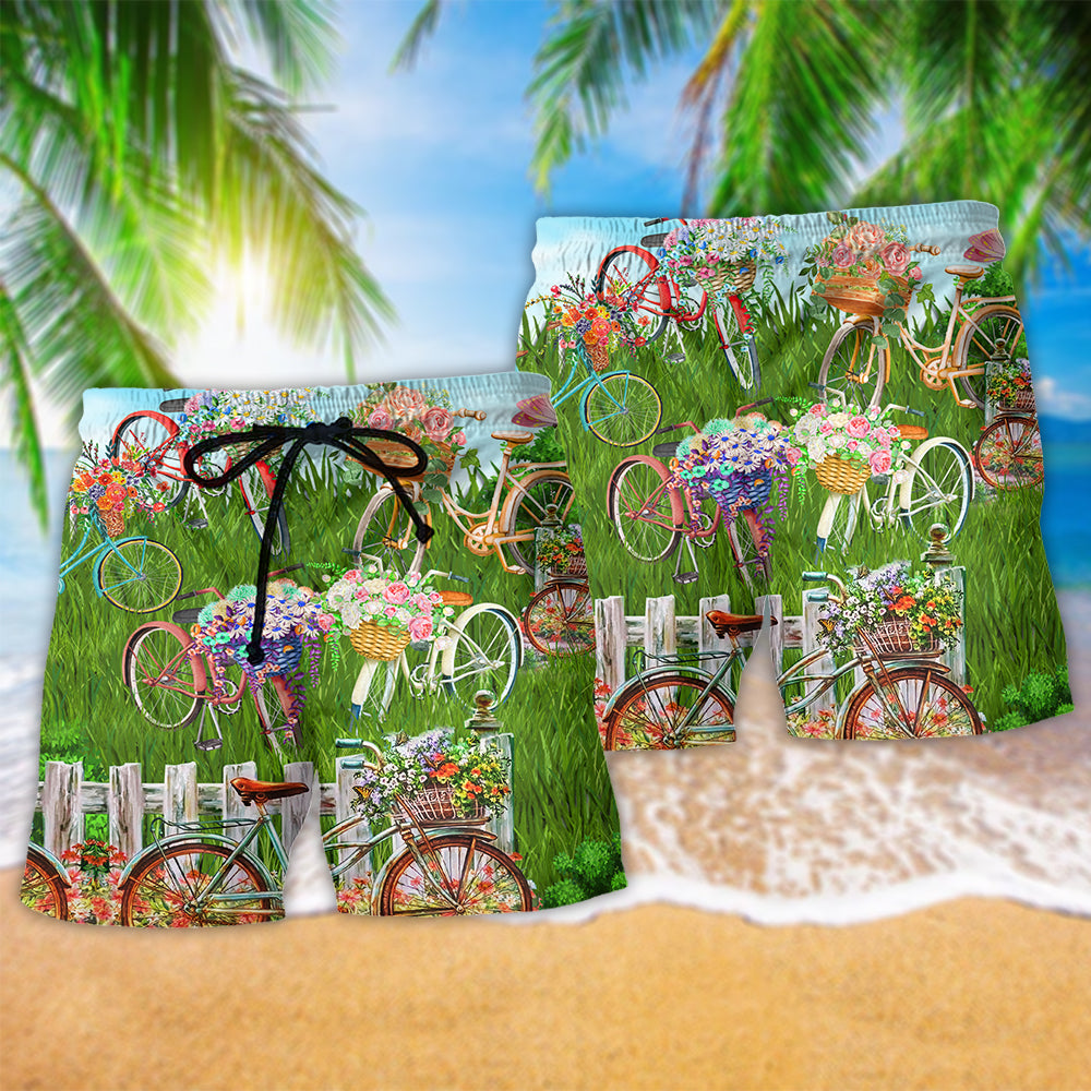 Floral Bicycle Beach Shorts Pattern Detail For Leisure Travel And Laid Back Daily Wear