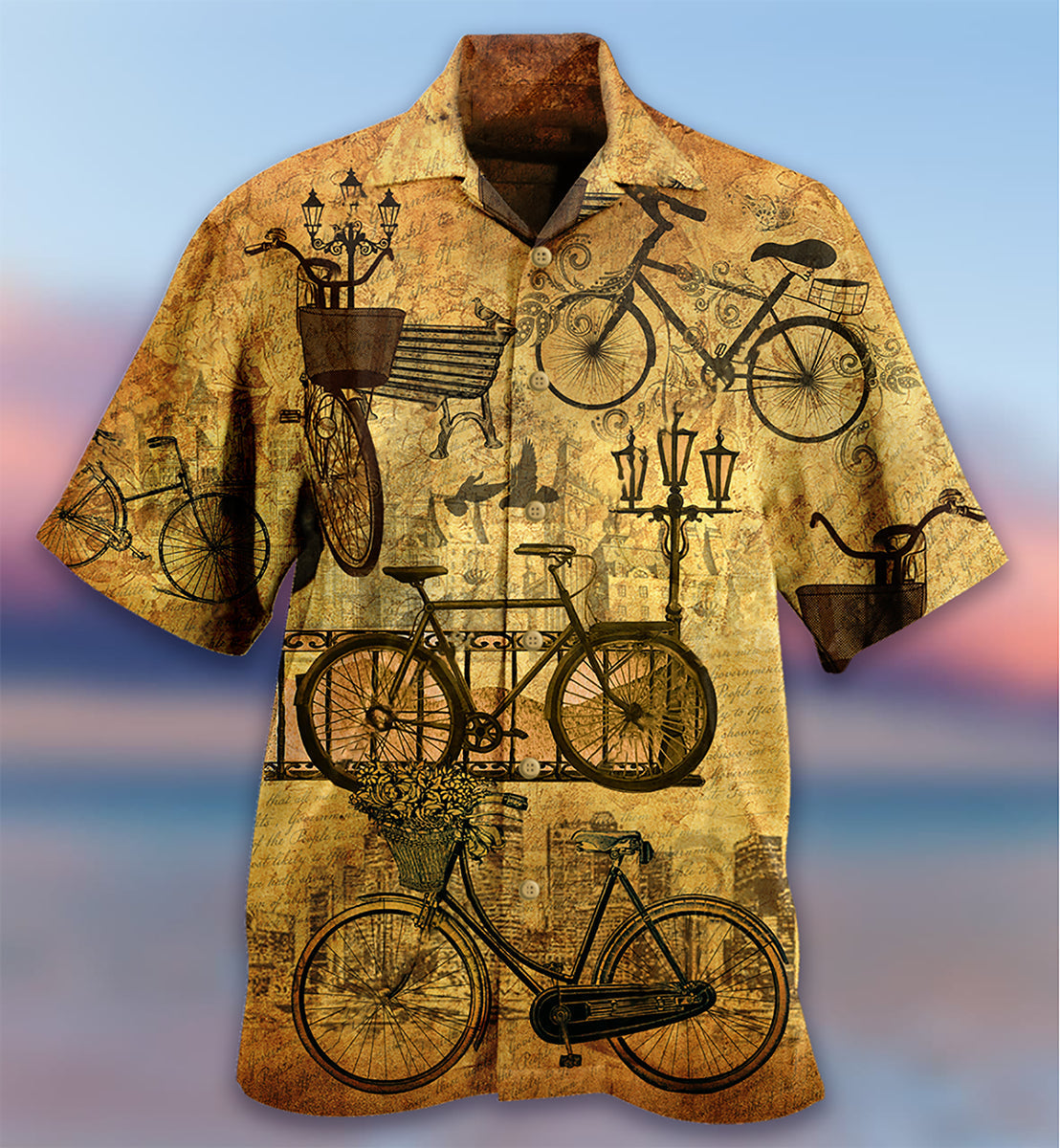 Vintage Bicycle Sunset Hawaiian Shirt Artwork View For Weekend Travel And Beach Style