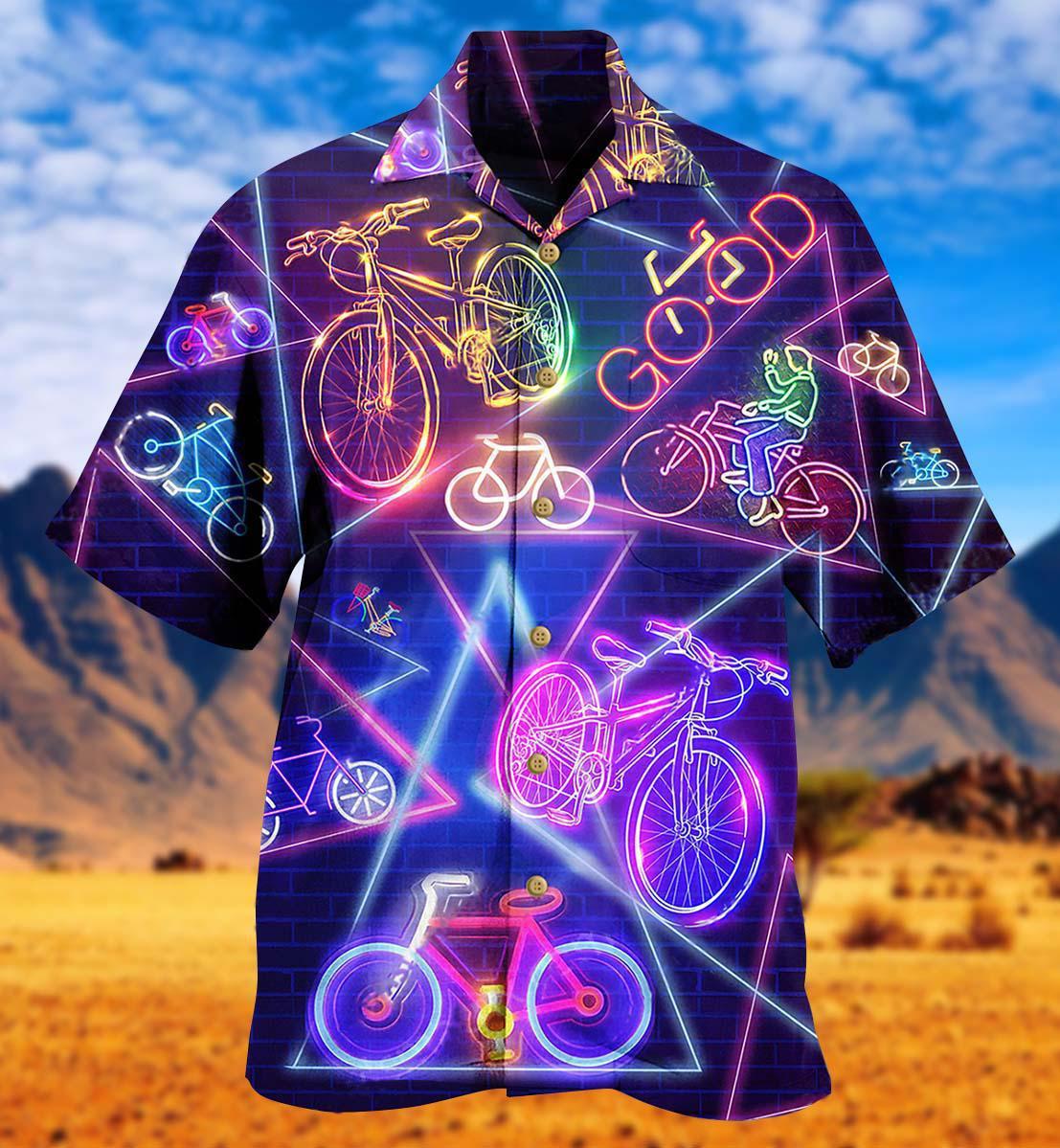 Neon Purple Bicycle Hawaiian Shirt Pattern View For Relaxed Warm Weather Outfits