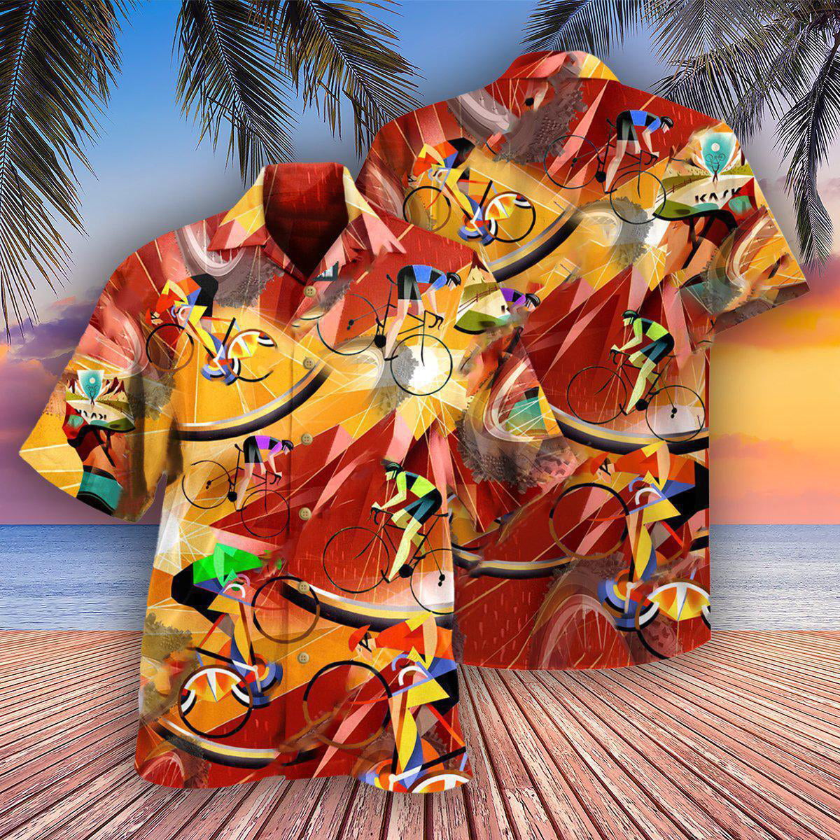 Bicycle And Motorcycle Hawaiian Shirt With Detailed Graphic For Summer Vacation Beach Travel And Casual Wear