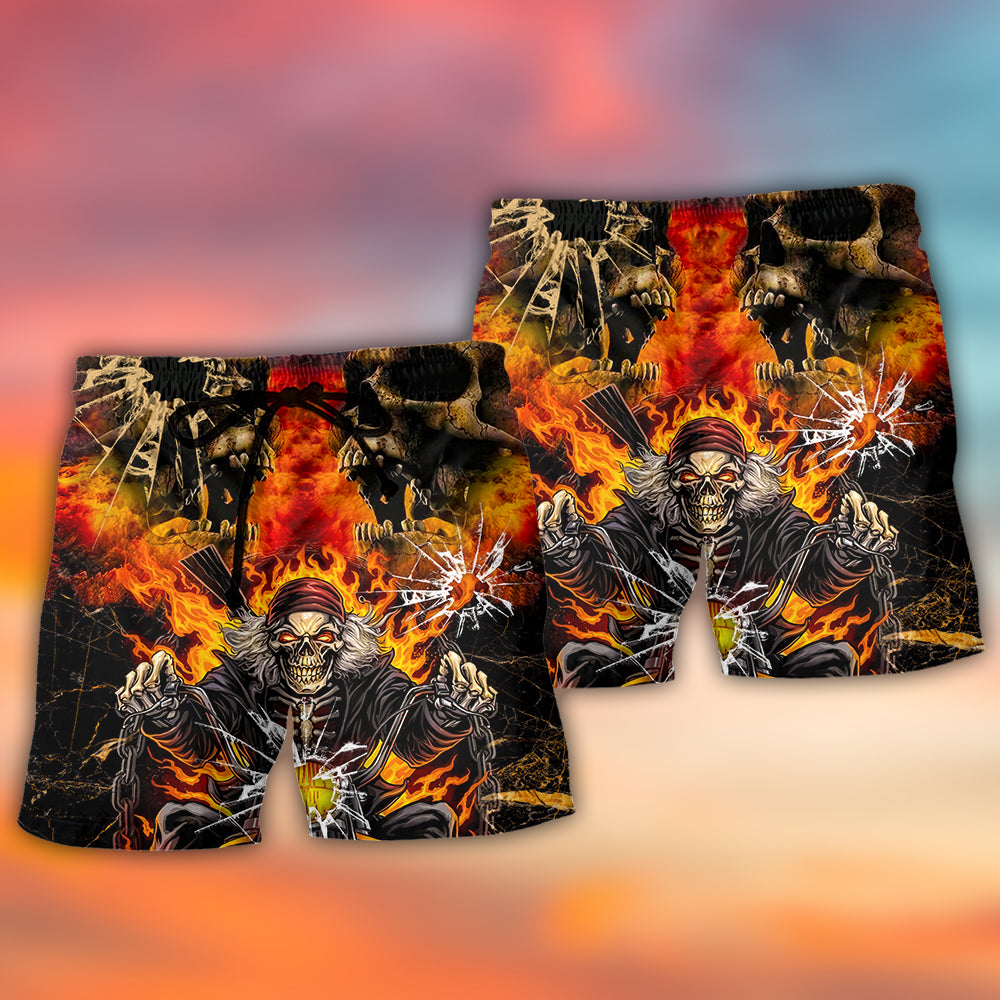 Biker Skull Bold Beach Shorts Pattern Detail For Relaxed Warm Weather Outfits