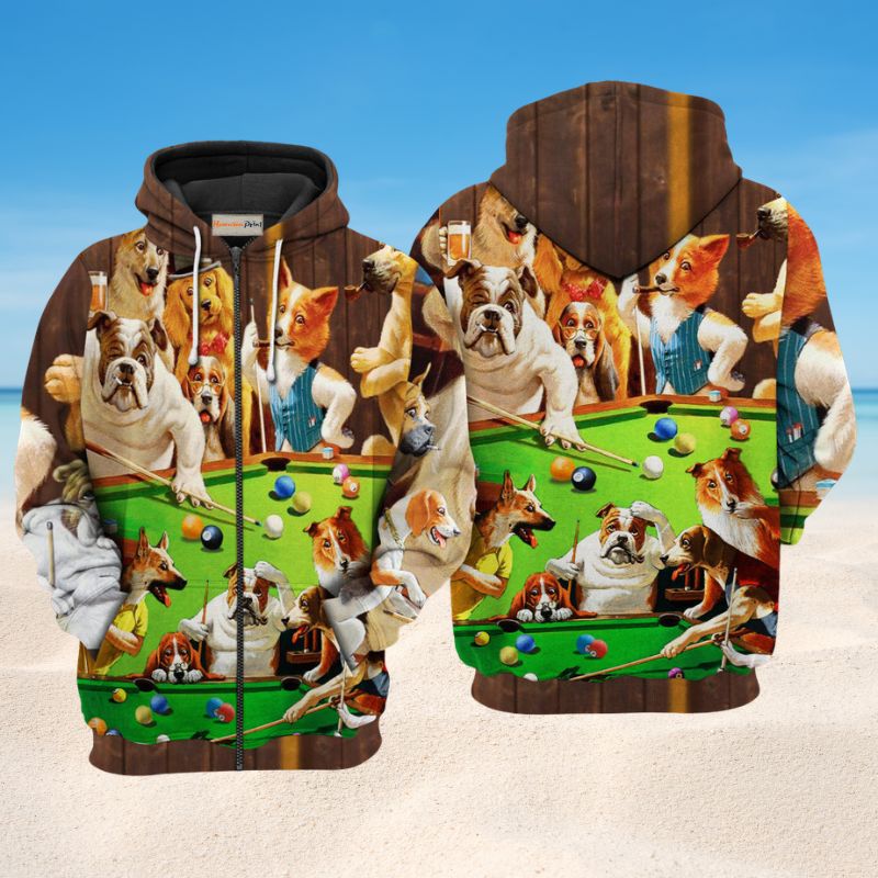 Billiard Dogs Playing Pool Hoodie For Casual Activities Weekend Travel And Gift Ideas