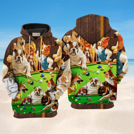 Billiard Dogs Playing Pool Hoodie For Casual Activities Weekend Travel And Gift Ideas