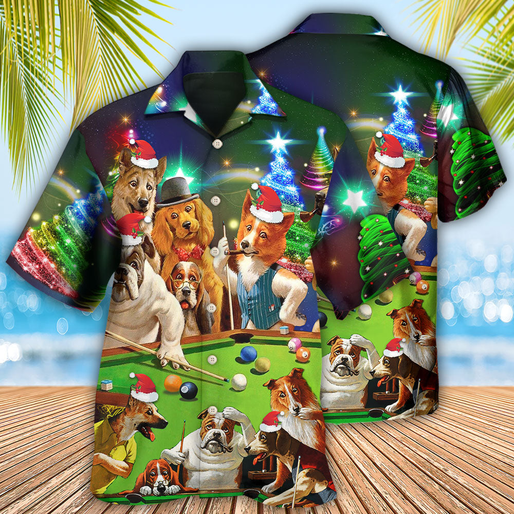 Vintage Billiard Dogs Christmas Theme Hawaiian Shirt Pattern Detail For Summer Holidays And Outdoor Fun