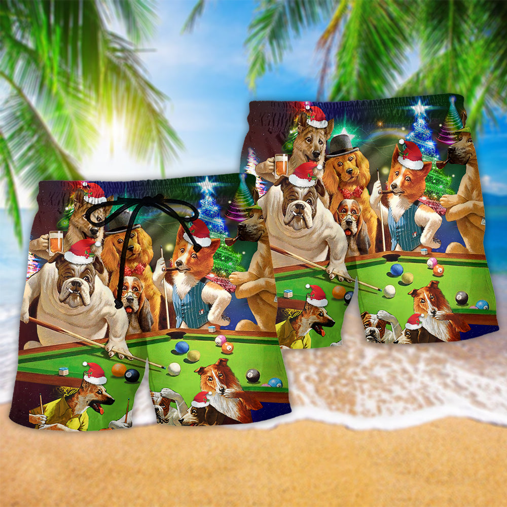 Christmas Dog Billiards Beach Shorts Pattern Detail For Outdoor Activities And Relaxed Holiday Style