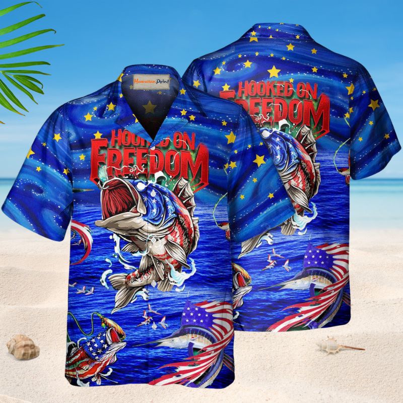 Fishing Hooked Freedom Hawaiian Shirt For Active Holidays, Resort Trips, And Warm Weather Gatherings
