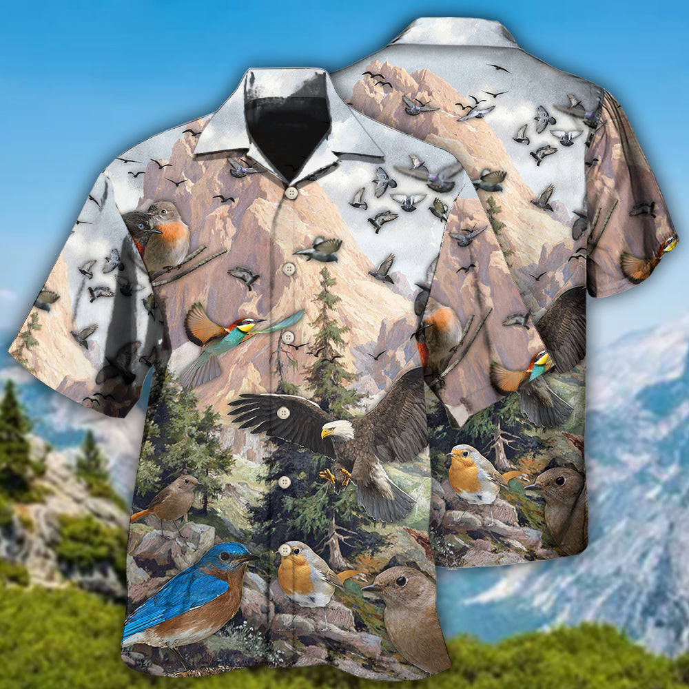 Tropical Bird And Mountain Landscape Hawaiian Shirt With Detailed Graphic For Coastal Vacations Warm Weather Events And Daily