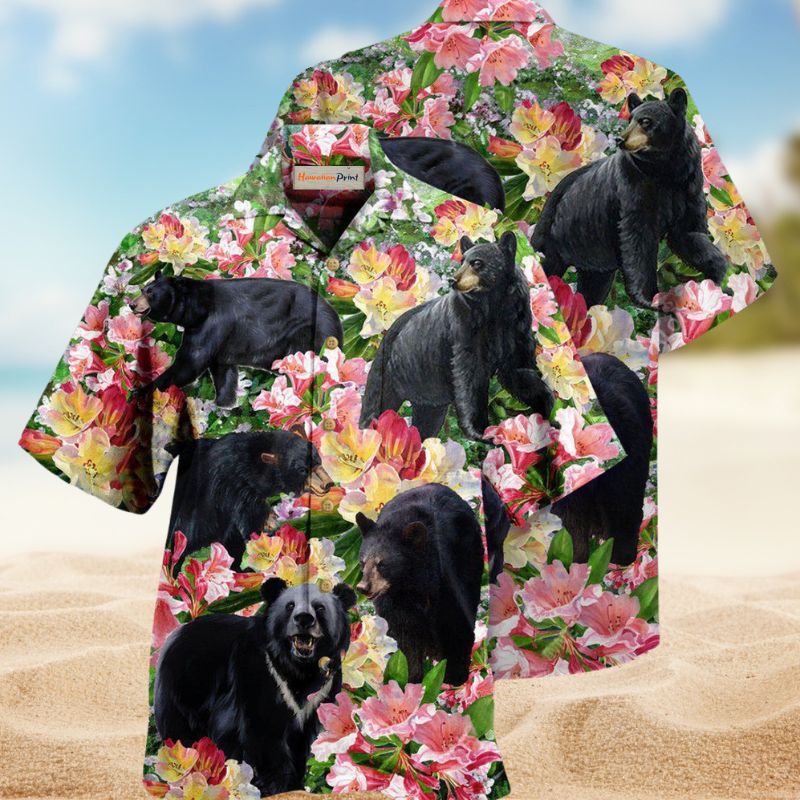 Black Bear Blossom Garden Hawaiian Shirt For Coastal Travel, Casual Events, And Comfortable Summer Wear