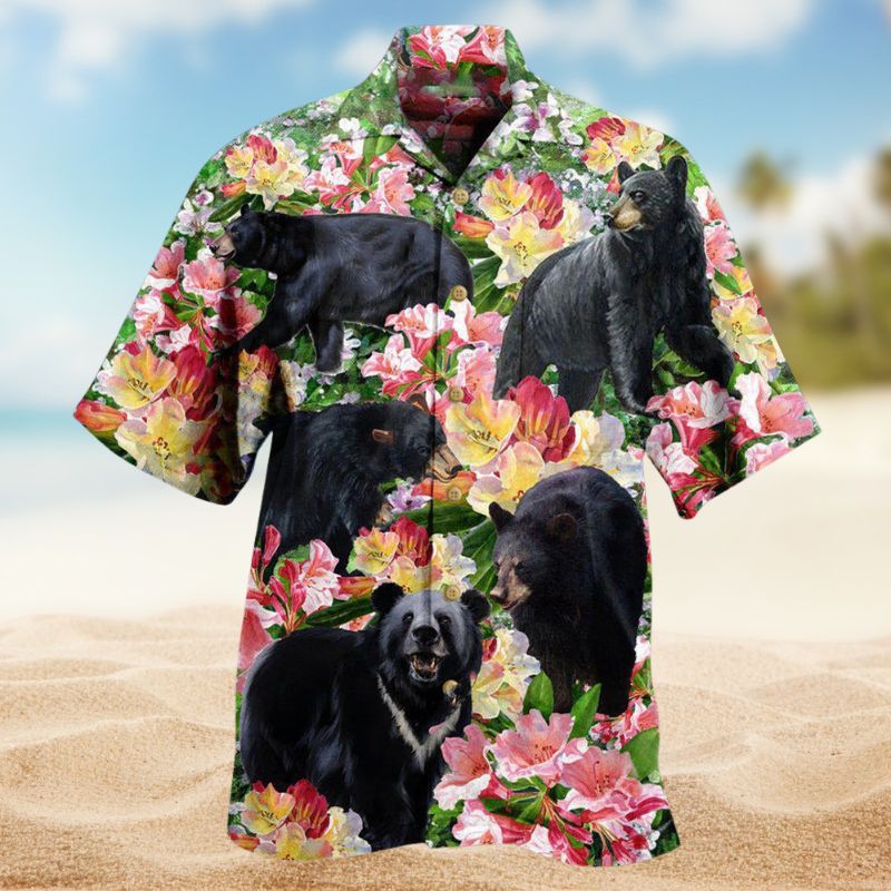 Black Bear Blossom Garden Hawaiian Shirt For Coastal Travel, Casual Events, And Comfortable Summer Wear
